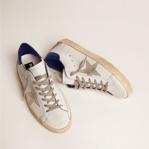 Golden Goose White Sneakers with Beige Star and Blue Heel